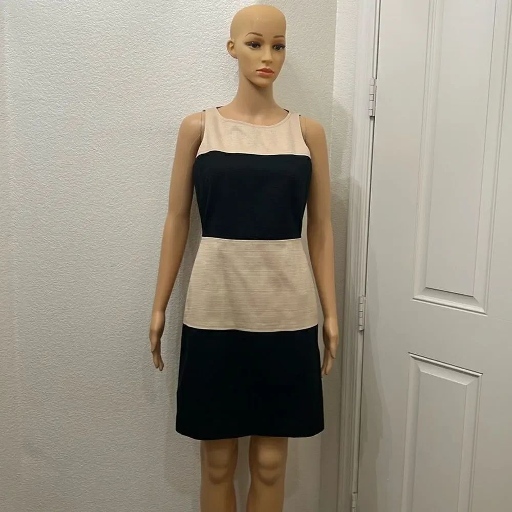 Banana Republic Dress Sz 2 Black Tan Scoop Neck Sleeveless Pockets 💯% Cotton